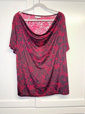 Women's Drape Neck Floral Lace Print Top - Red and Black